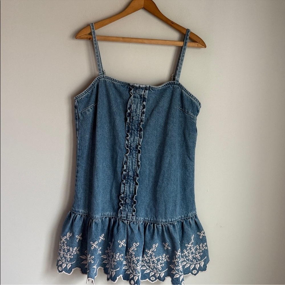 Embroidered Hem Denim Mini Dress - Blue - Picture 8 of 14